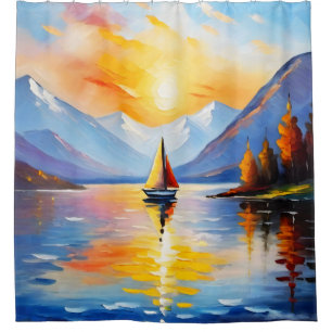 Sunrise over a lake and snow capped mountains
