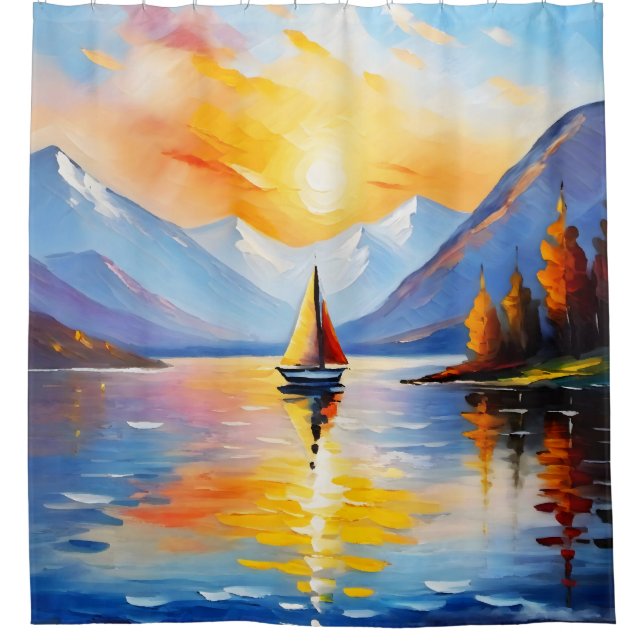 Sunrise over a lake and snow capped mountains (Front)