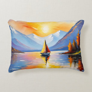 Sunrise over a lake and snow capped mountains accent pillow