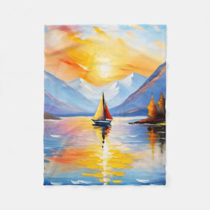 Sunrise over a lake and snow capped mountains fleece blanket