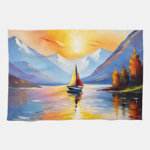 Sunrise over a lake and snow capped mountains kitchen towel