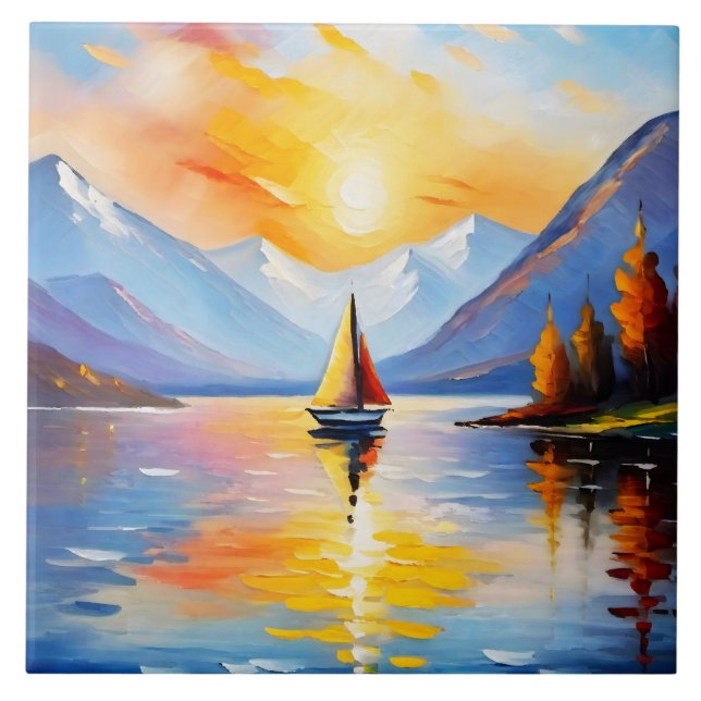 Sunrise over a lake and snow capped mountains  tile (Front)