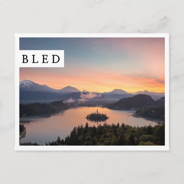 Sunrise over Lake Bled white edge postcard (Front)
