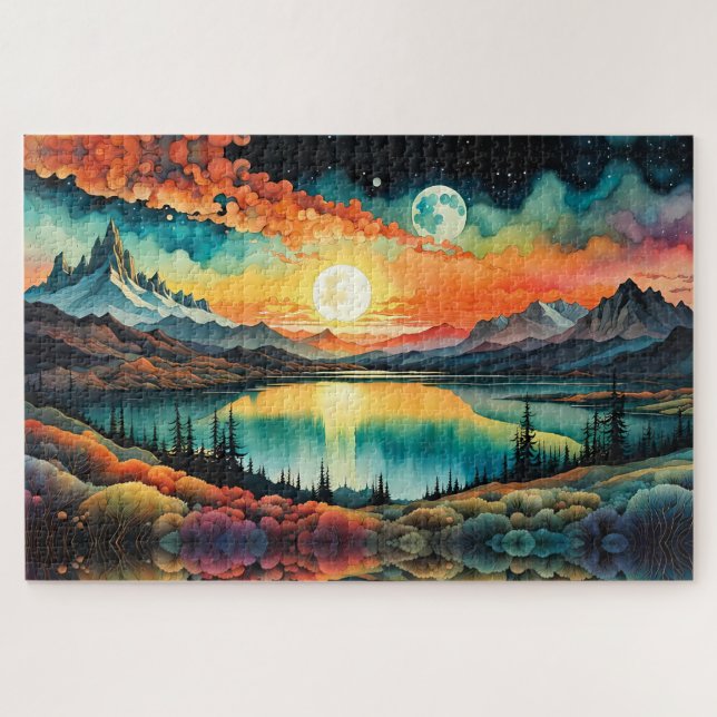 Sunrise over Mountain Lake as Moon sets. Jigsaw Puzzle (Horizontal)