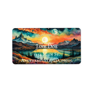 Sunrise over Mountain Lake as Moon sets. Label