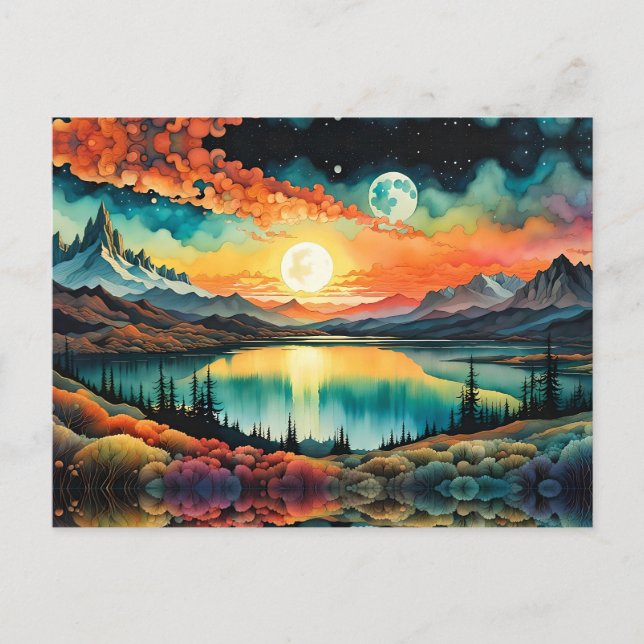 Sunrise over Mountain Lake as Moon sets. Postcard (Front)