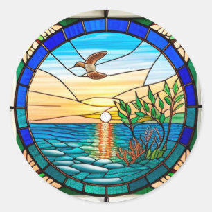 Sunrise Over Ocean with Flying Bird Classic Round Sticker