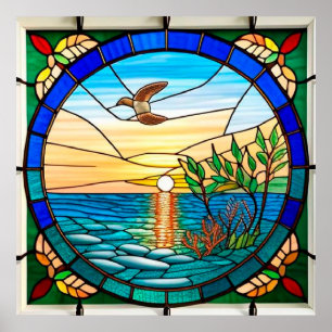 Sunrise Over Ocean with Flying Bird Poster