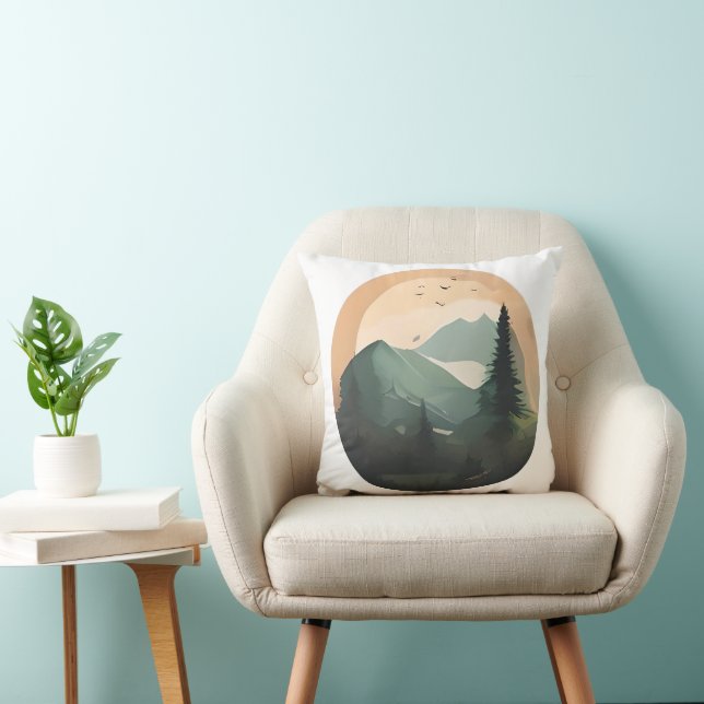Sunrise Over Peaks: A Tranquil Mountain Scene Throw Pillow (Chair)