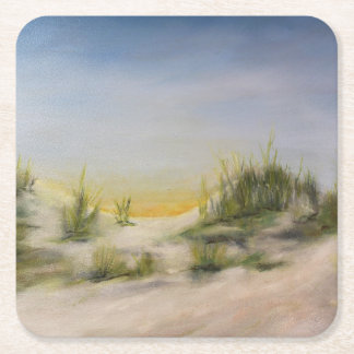 Sunrise Over Sand Dunes, Original Oil Painting Square Paper Coaster