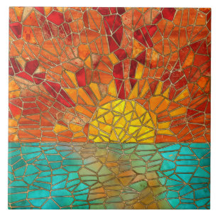 Sunrise over sea mosaic art tile