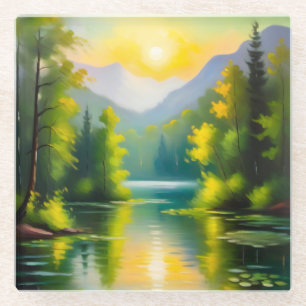Sunrise over snow covered mountains and lake glass coaster