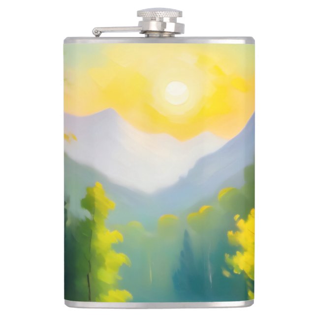 Sunrise over snow covered mountains and lake hip flask (Front)