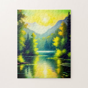 Sunrise over snow covered mountains and lake jigsaw puzzle