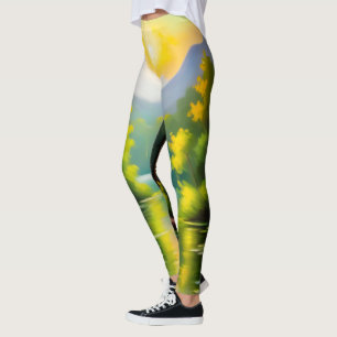 Sunrise over snow covered mountains and lake leggings