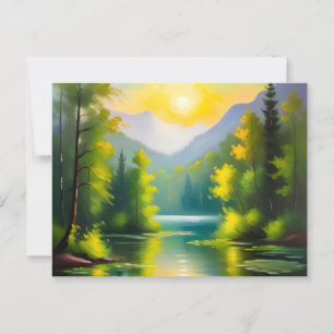 Sunrise over snow covered mountains and lake postcard