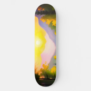 Sunrise over snow covered mountains and lake skateboard