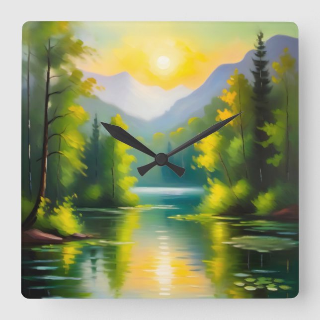 Sunrise over snow covered mountains and lake square wall clock (Front)