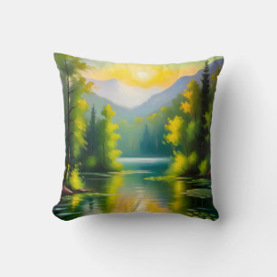 Sunrise over snow covered mountains and lake throw pillow