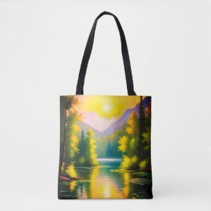 Sunrise over snow covered mountains and lake tote bag