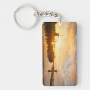 Sunrise over windmills and a river in Holland Keychain