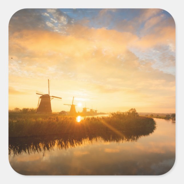 Sunrise over windmills and a river in Holland Square Sticker (Front)