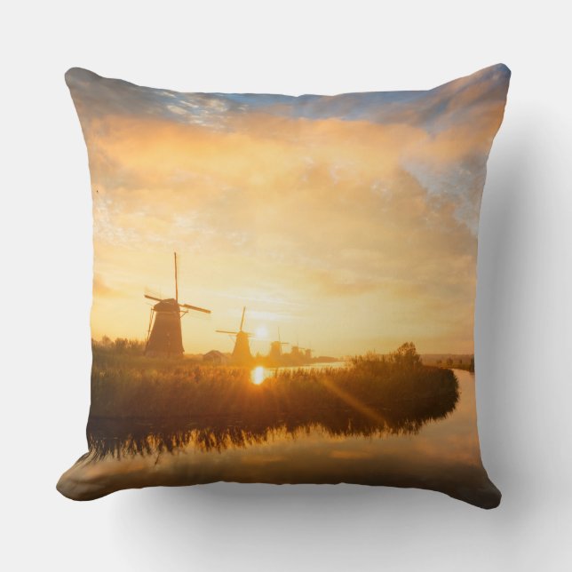 Sunrise over windmills and a river in Holland Throw Pillow (Front)