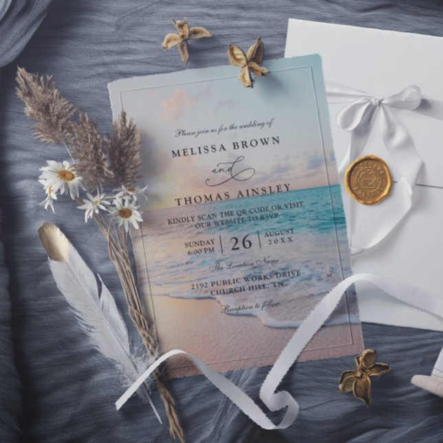 Sunrise Pastel Beach Sunset QR Code Wedding  Invitation (Creator Uploaded)