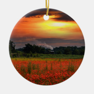 Sunrise Poppy Field And Steam Locomotive Ceramic Ornament