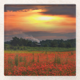 Sunrise Poppy Field And Steam Locomotive Glass Coaster