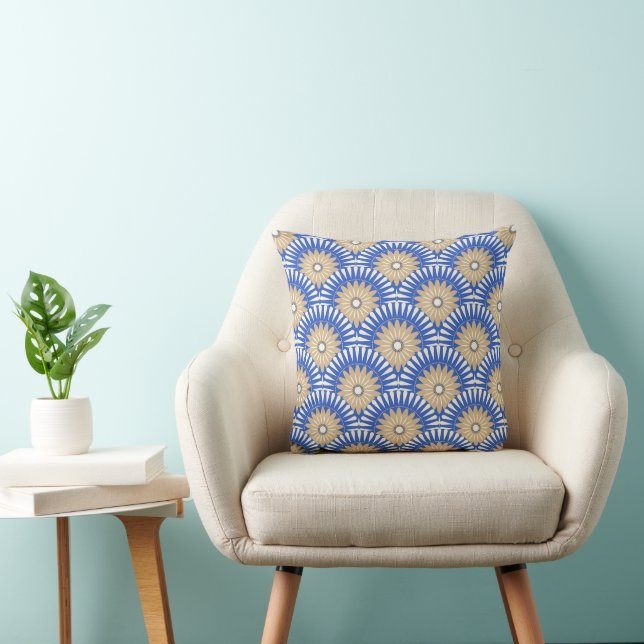 Sunrise retro flower - blue, white & brown throw pillow (Chair)