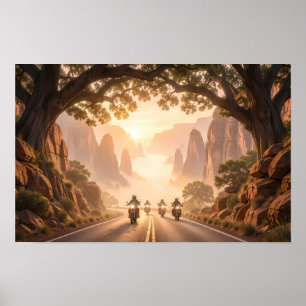 Sunrise Riders Through Canyon Calm Poster