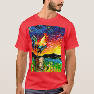 Sunrise Rooster Starry Night Farm Landscape Art by T-Shirt