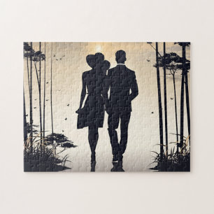 Sunrise Stroll: Black & White Silhouette Couple Jigsaw Puzzle
