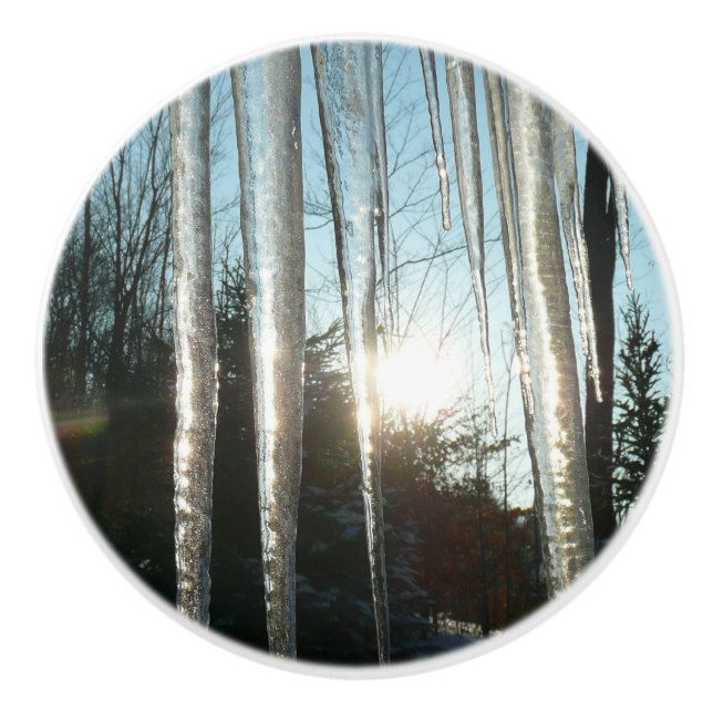 Sunrise Through Icicles Winter Nature Photography Ceramic Knob (Front)