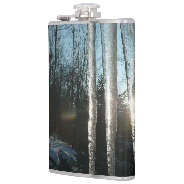 Sunrise Through Icicles Winter Nature Photography Hip Flask (Left)