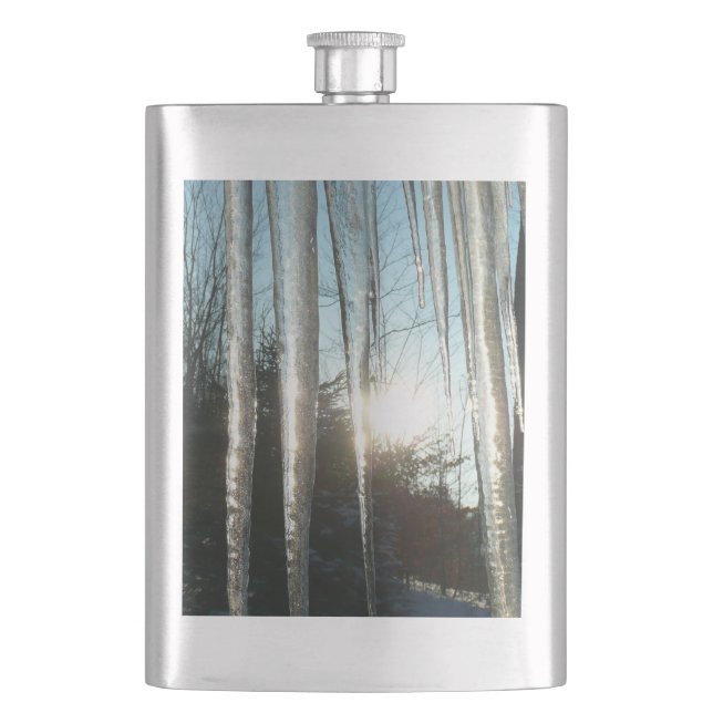 Sunrise Through Icicles Winter Nature Photography Hip Flask (Front)
