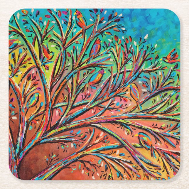 Sunrise Treetop Birds II Square Paper Coaster (Front)