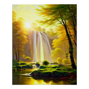 Sunrise Waterfall Trees River. Beautiful Landscape Poster