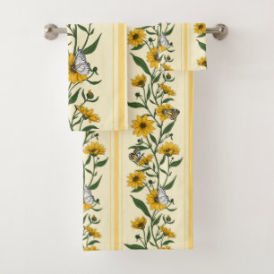 Sunroot floral stripe on off white bath towel set