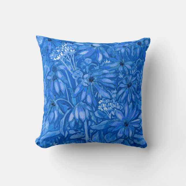 Sunroot Flowers Summer Garden FloralPainting Blue Throw Pillow (Front)