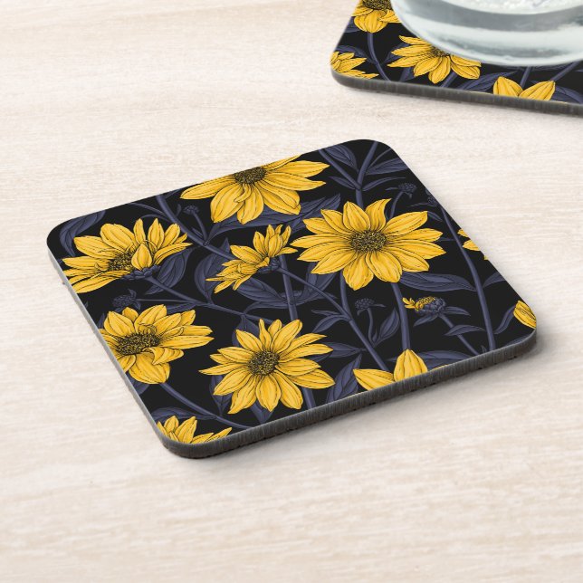 Sunroot, wild sunflower in yellow and blue coaster (Left Side)