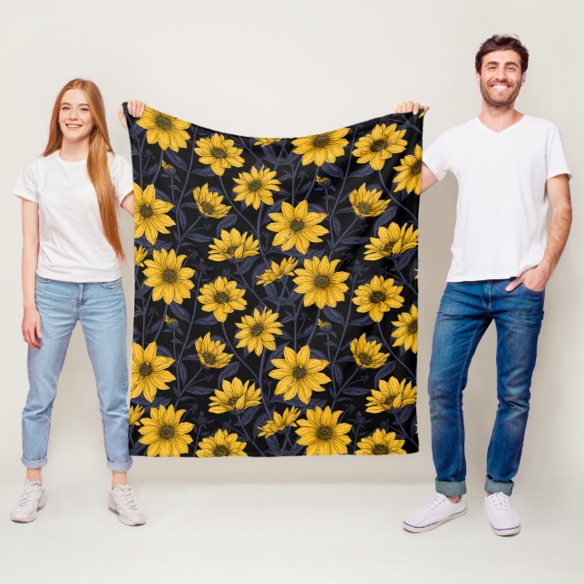 Sunroot, wild sunflower in yellow and blue fleece blanket (In Situ)