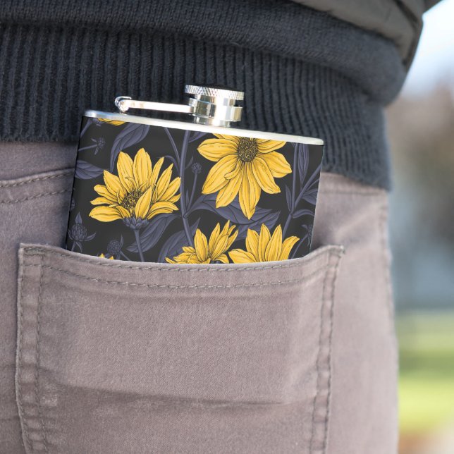 Sunroot, wild sunflower in yellow and blue hip flask (In Situ)