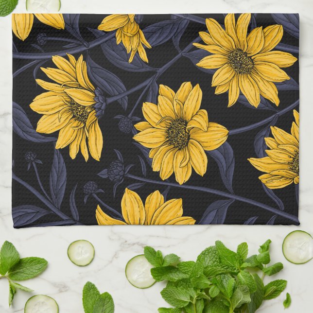 Sunroot, wild sunflower in yellow and blue kitchen towel (Folded)