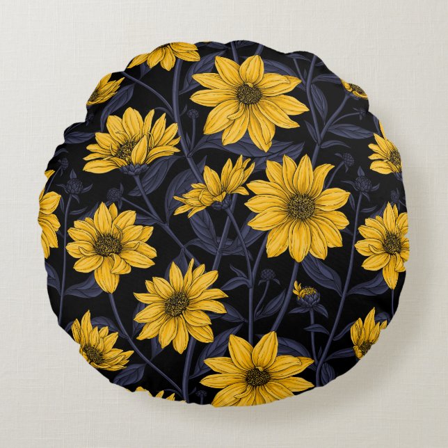 Sunroot, wild sunflower in yellow and blue round pillow (Front)