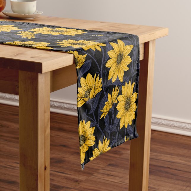 Sunroot, wild sunflower in yellow and blue short table runner (In Situ)