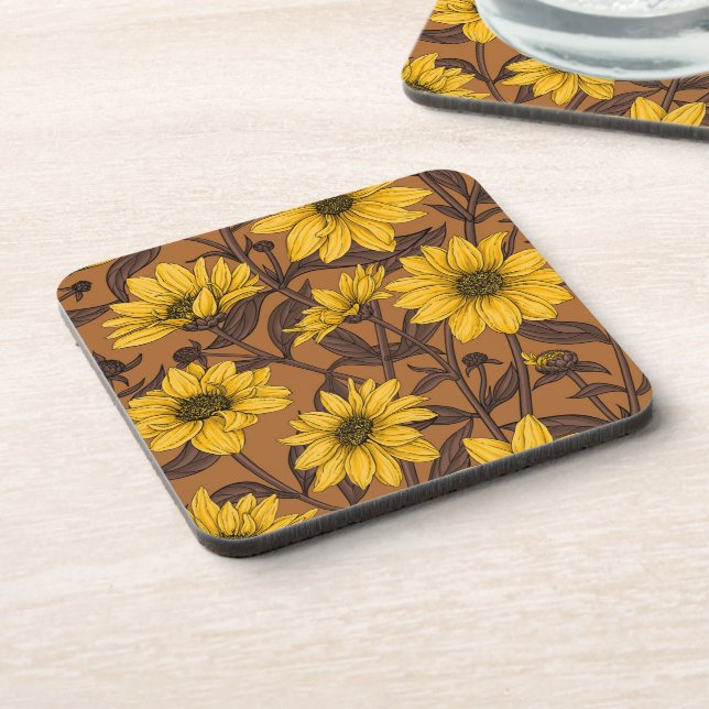 Sunroot, wild sunflower in yellow and  brown coaster (Left Side)