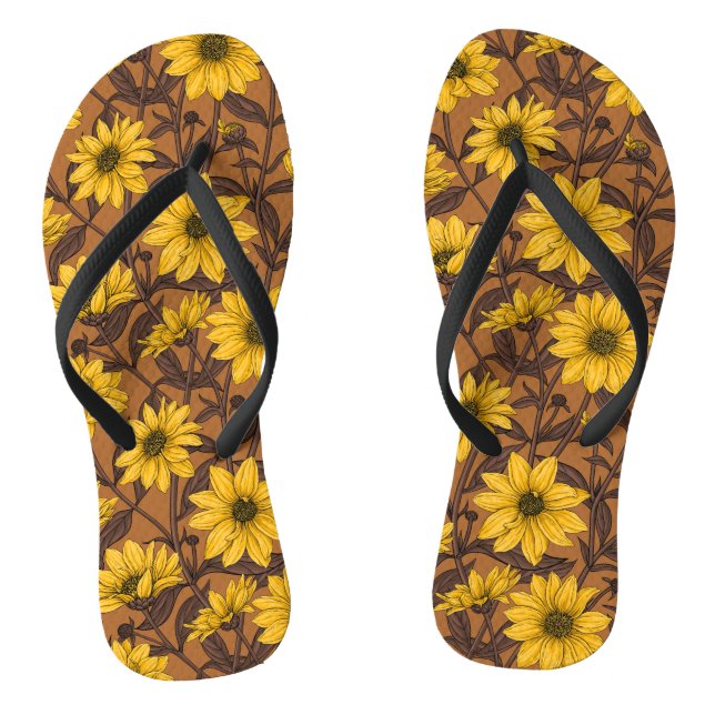 Sunroot, wild sunflower in yellow and  brown flip flops (Footbed)