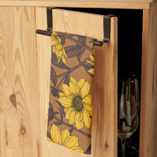 Sunroot, wild sunflower in yellow and  brown kitchen towel